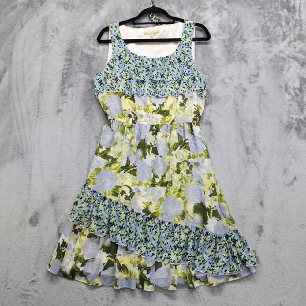 GIANNI BINI Dress Size L Blue Green Misty Floral Sleeveless Ruffled Dress Party